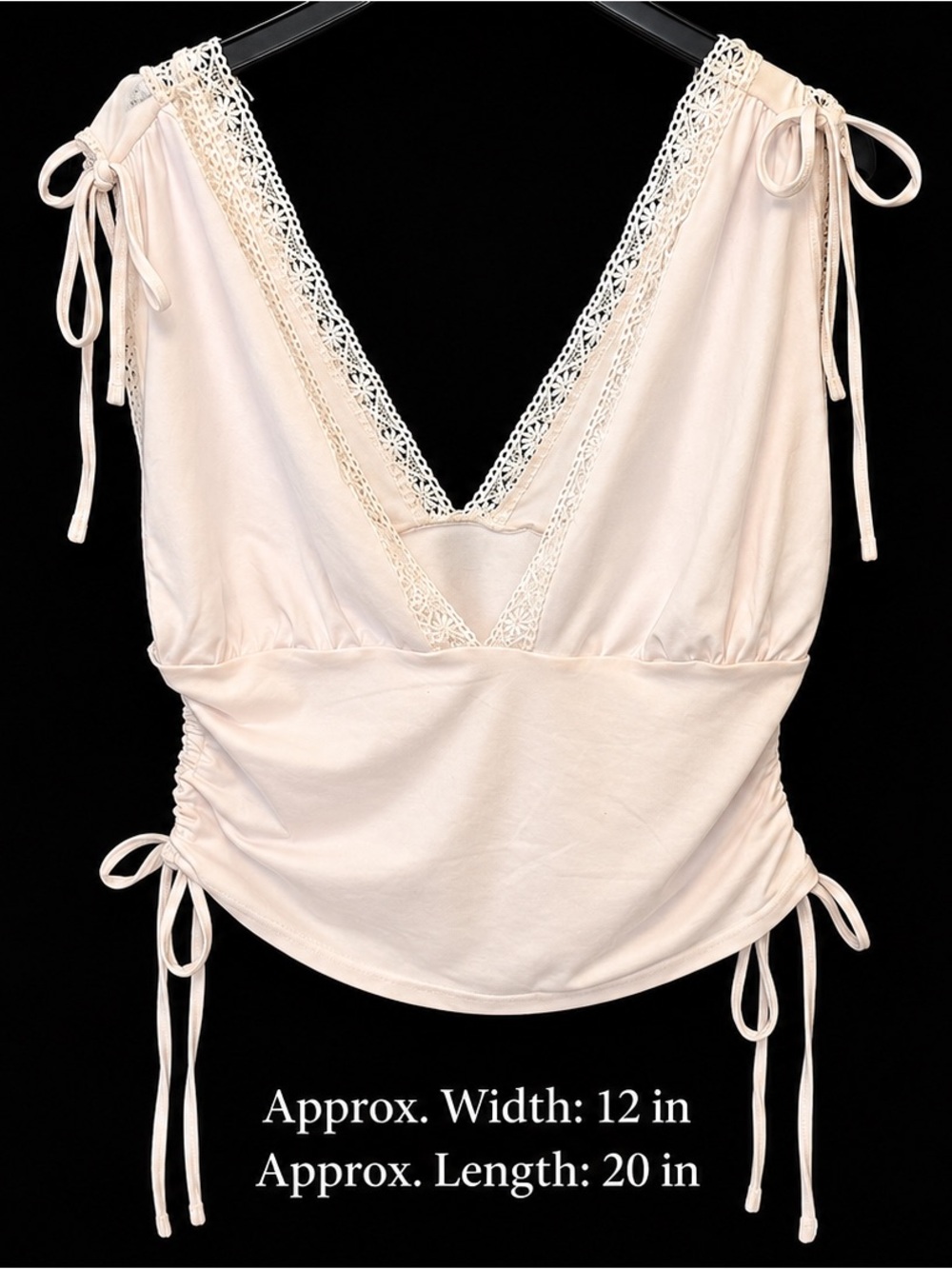 SHEIN Ivory Lace Trim Ruched Tie Shoulder Top XL US 12 Coquette Y2K